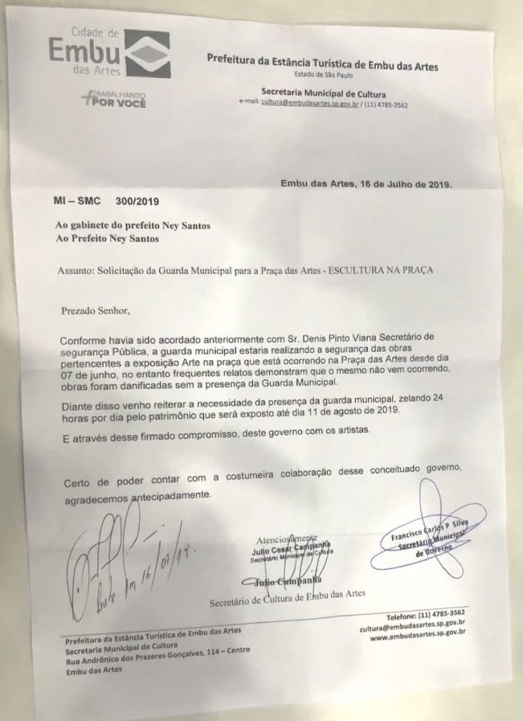 Documento de encaminhamento da reunião dos responsáveis pela exposição Esculturas na Praça e a secretaria de cultura de Embu das Artes